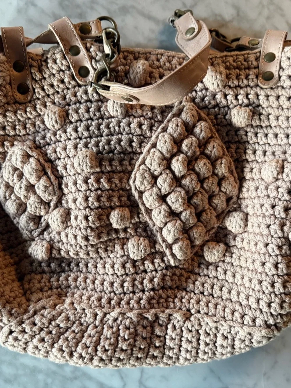 GERARD DAREL Hand-Crocheted Bubble Knit Tote Bag - Beige